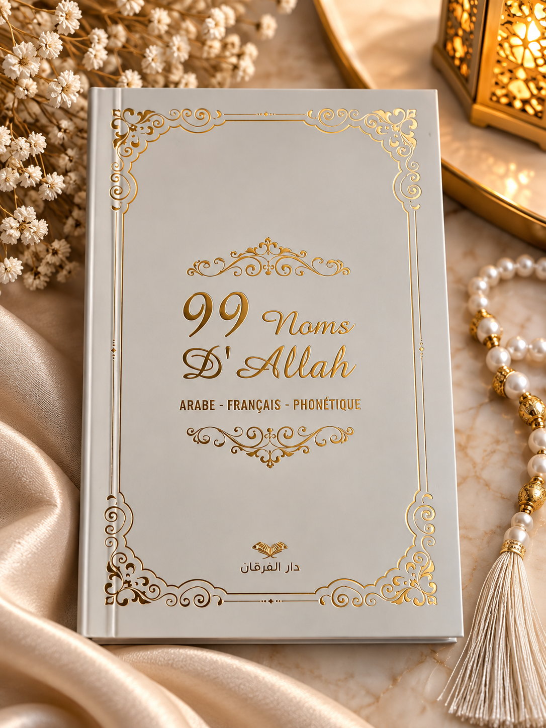 Coffret de prière musulman gris perle & doré – Tapis, Tasbih & 99 Noms d’Allah