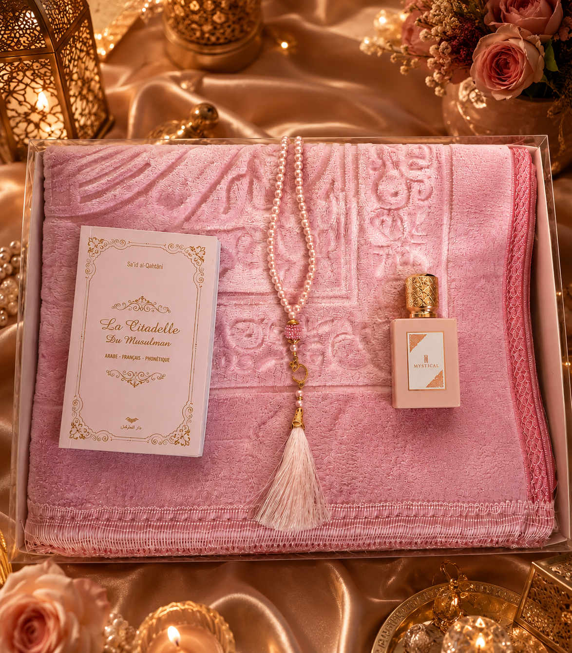 Coffret Tapis de Prière Rose Personnalisable – Citadelle du Musulman – Tasbih & Parfum