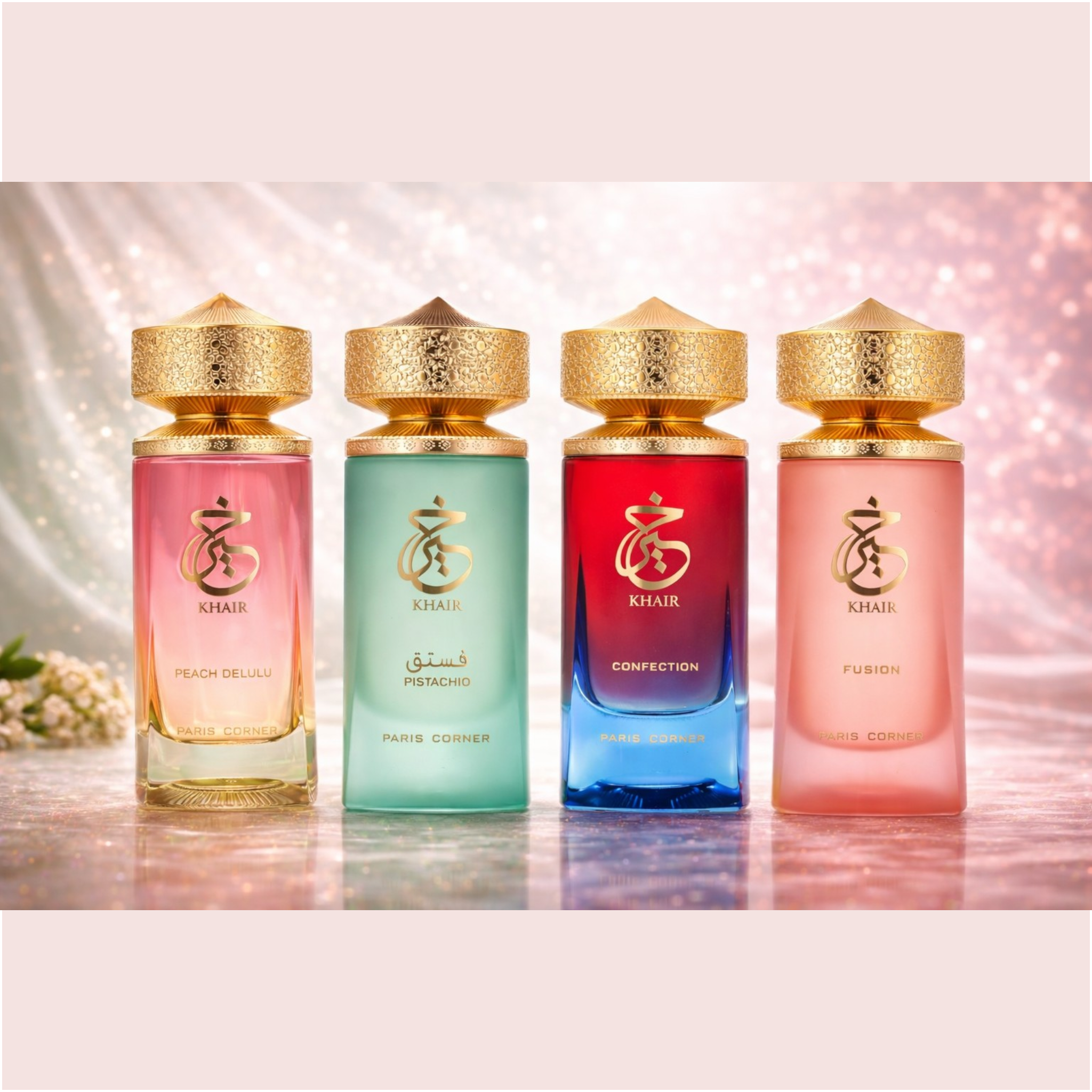 Parfum Khair 100ml – Collection Paris Corner (Peach Delulu, Pistachio, Confection, Fusion) – Parfum gourmand longue tenue
