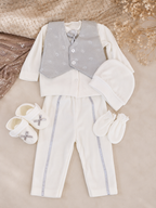 Coffret naissance bébé garçon 6 pièces – Blanc & Argent – Tenue de cérémonie