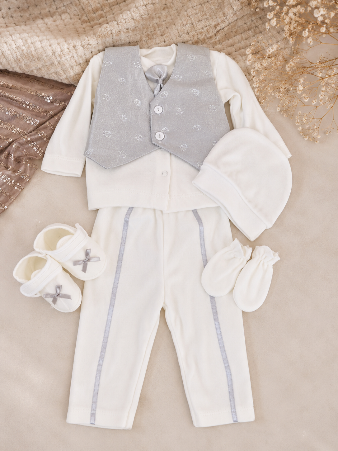 Coffret naissance bébé garçon 6 pièces – Blanc & Argent – Tenue de cérémonie
