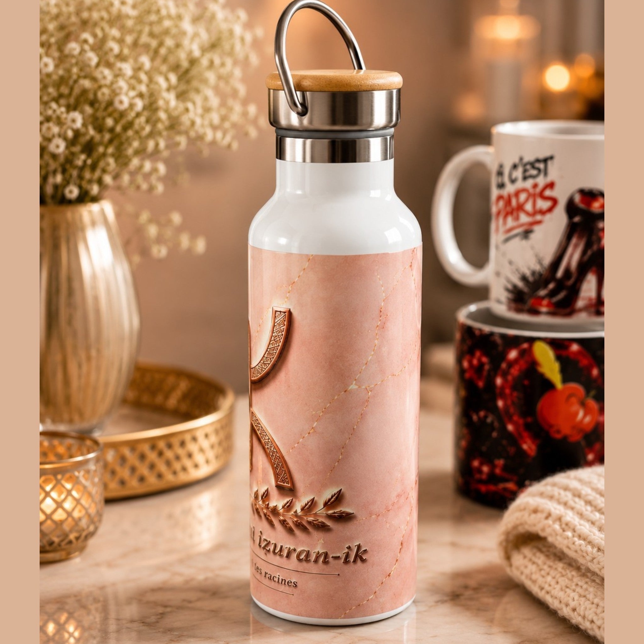 Gourde isotherme Amazigh ⵣ 500 ml en acier inoxydable – Ur Tettu Ara Iẓuran-ik