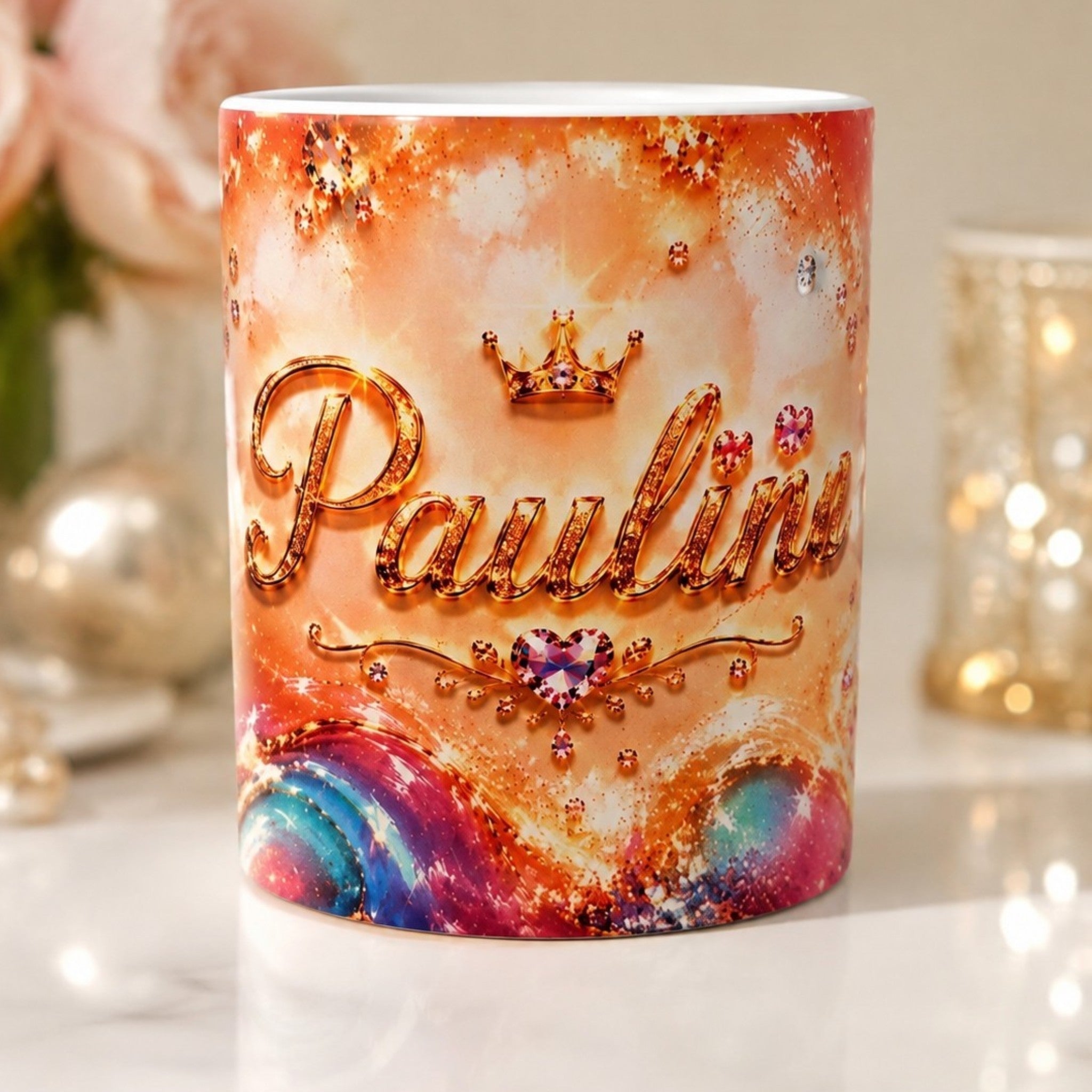 Mug personnalisé – Tasse 300 ml avec prénom – Cadeau original pour femme – Cœur & effet brillant