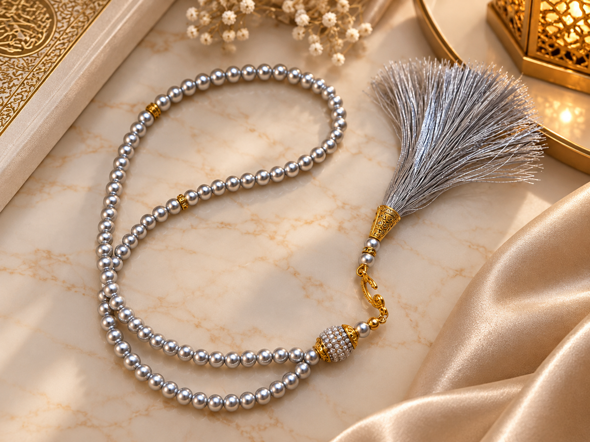 Coffret de prière musulman gris perle & doré – Tapis, Tasbih & 99 Noms d’Allah