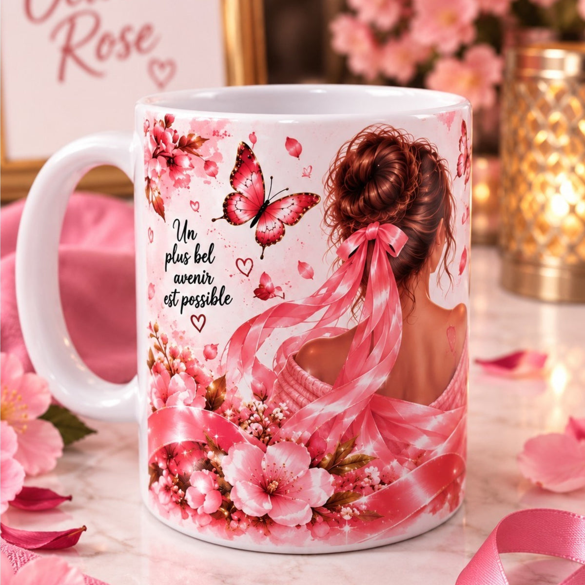 Mug Octobre Rose 300 ml – Tasse Femme Ruban Rose – Courage, Espoir & Soutien – Idée Cadeau
