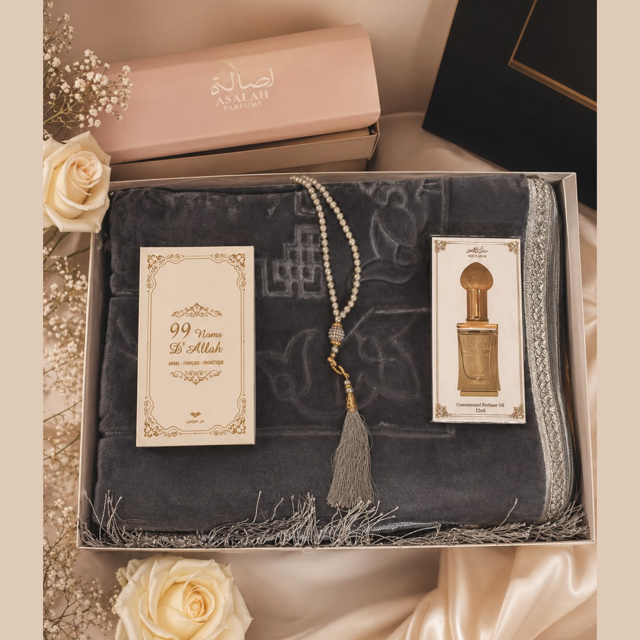 Coffret cadeau tapis de prière personnalisé bleu gris et musc 12ml