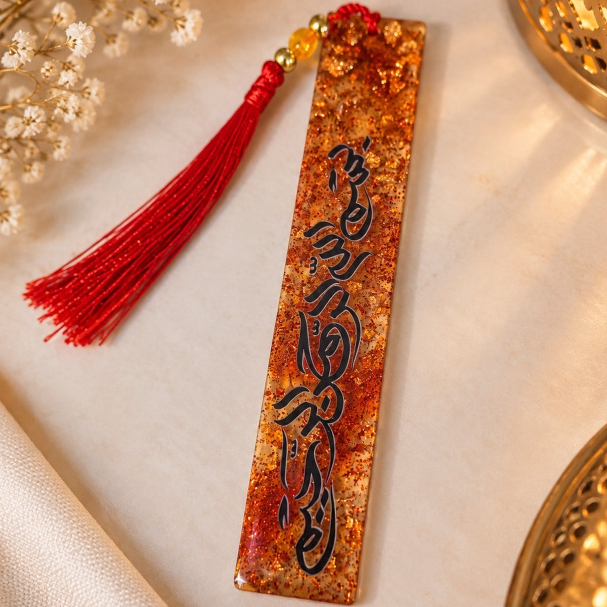 Coffret cadeau spirituel rouge – Chapelet, marque-page fait main en résine & boussole