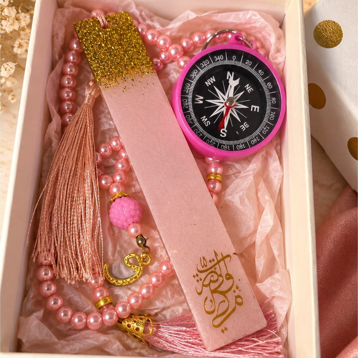 Coffret cadeau rose et doré – Marque-page en résine fait main, tasbih & boussole