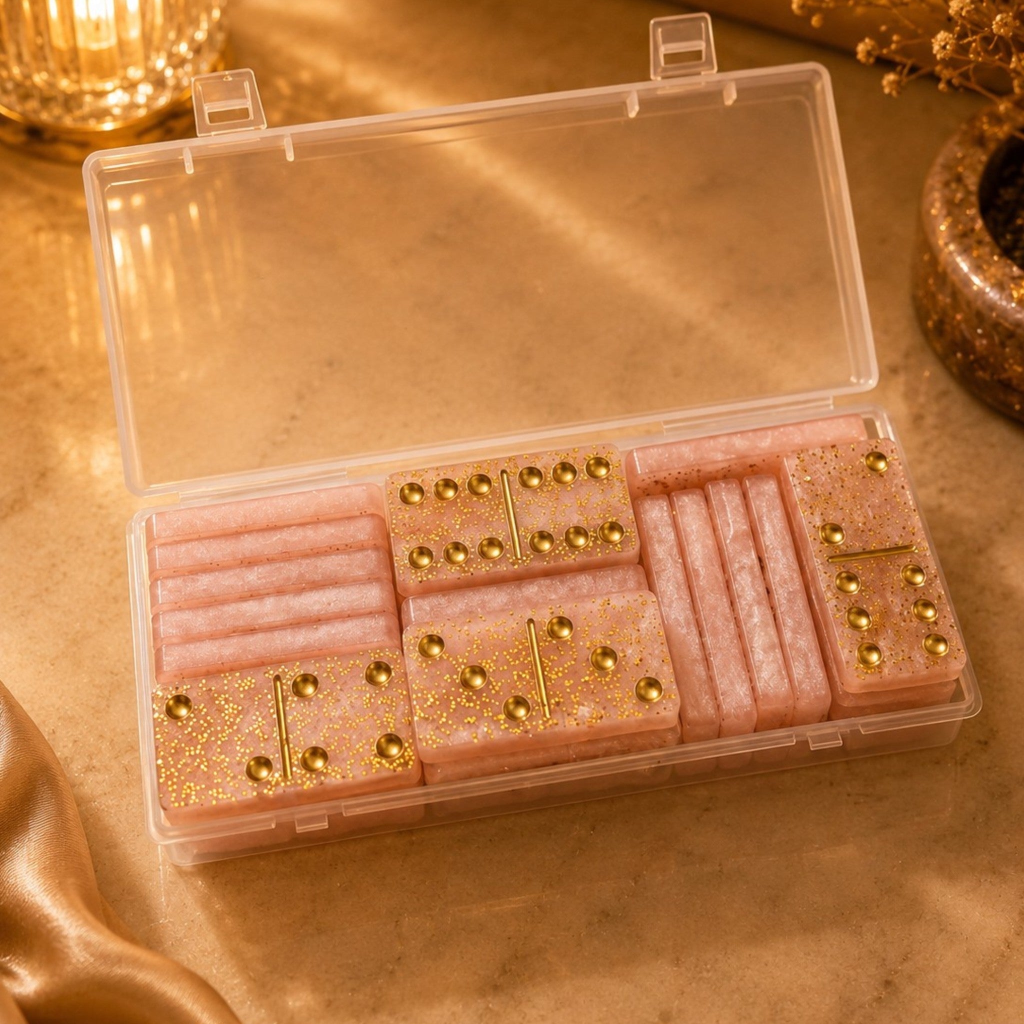 Jeu de Dominos Artisanal en Résine – Rose Nacré & Doré