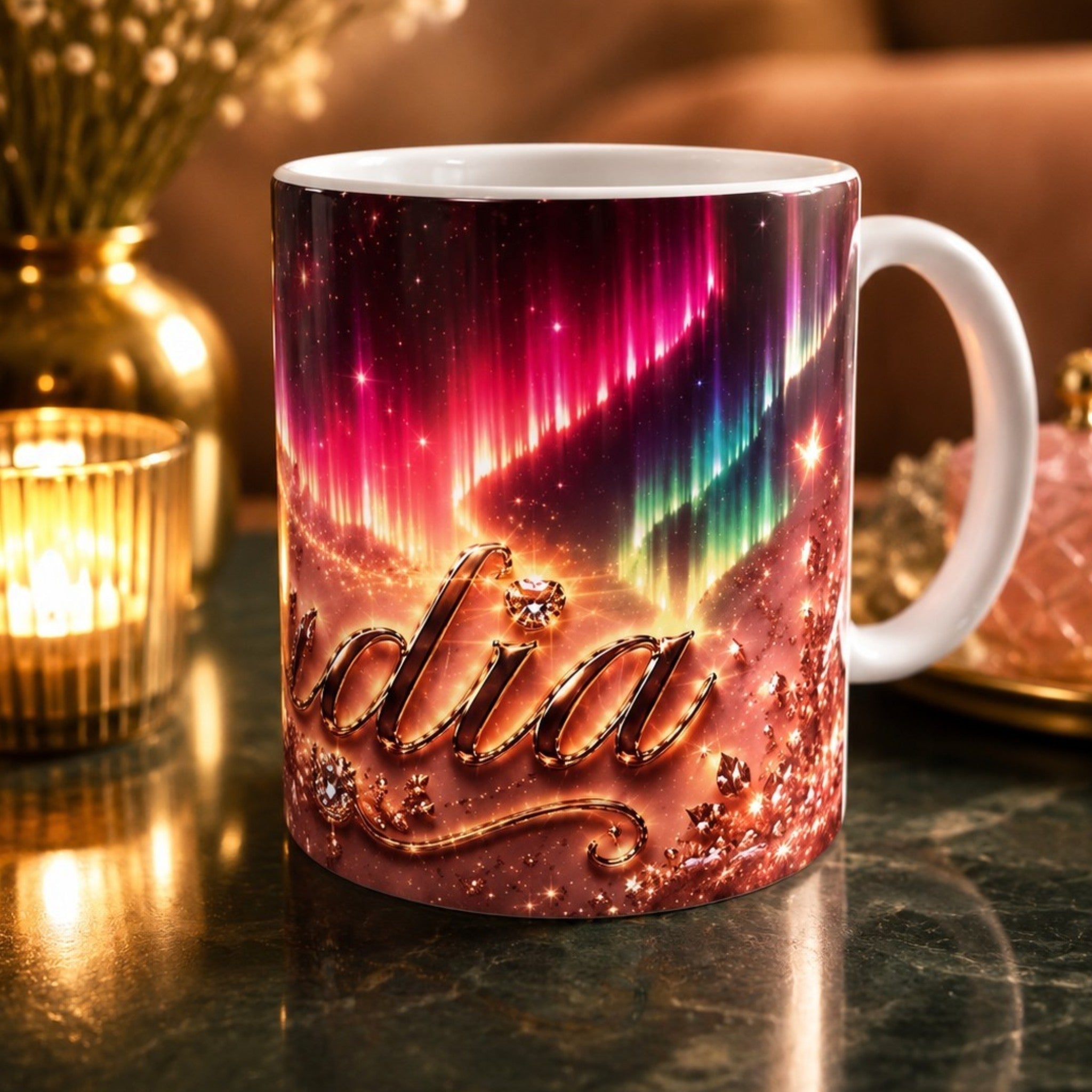 Mug personnalisé avec prénom – Modèle Fée & Aurores Boréales | 300 ml